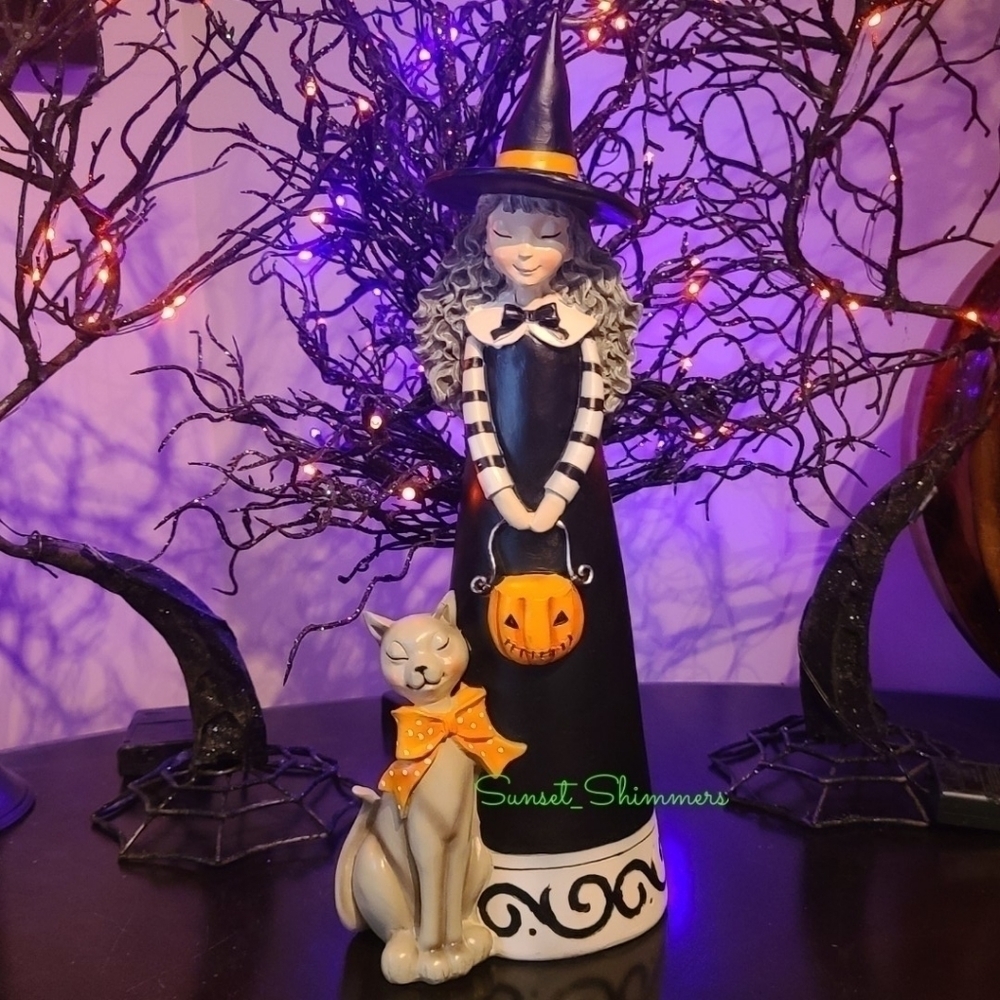 16" Halloween Witch With Cat & Pumpkin Figurine Statue Decor New